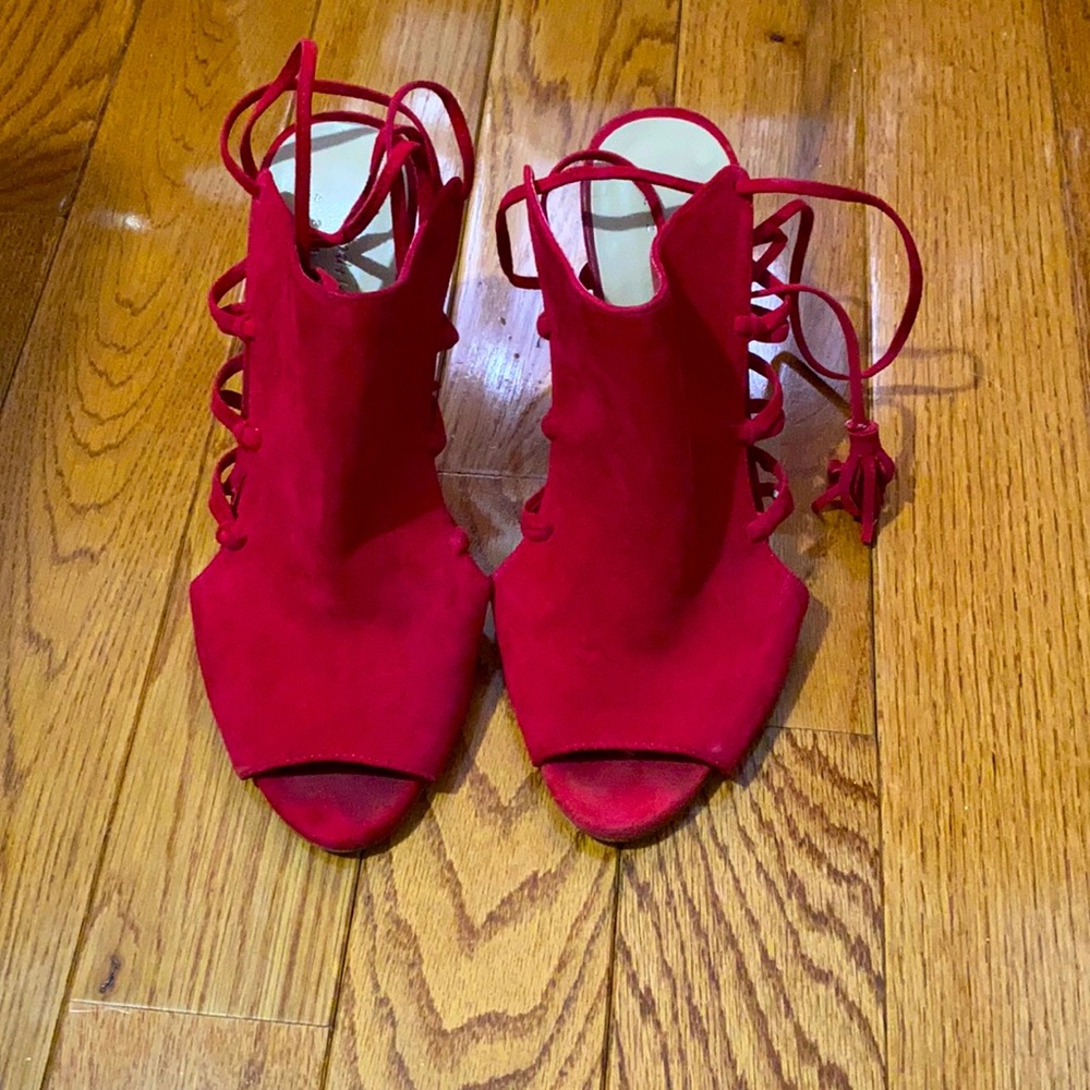 Red ankle wrap heels
